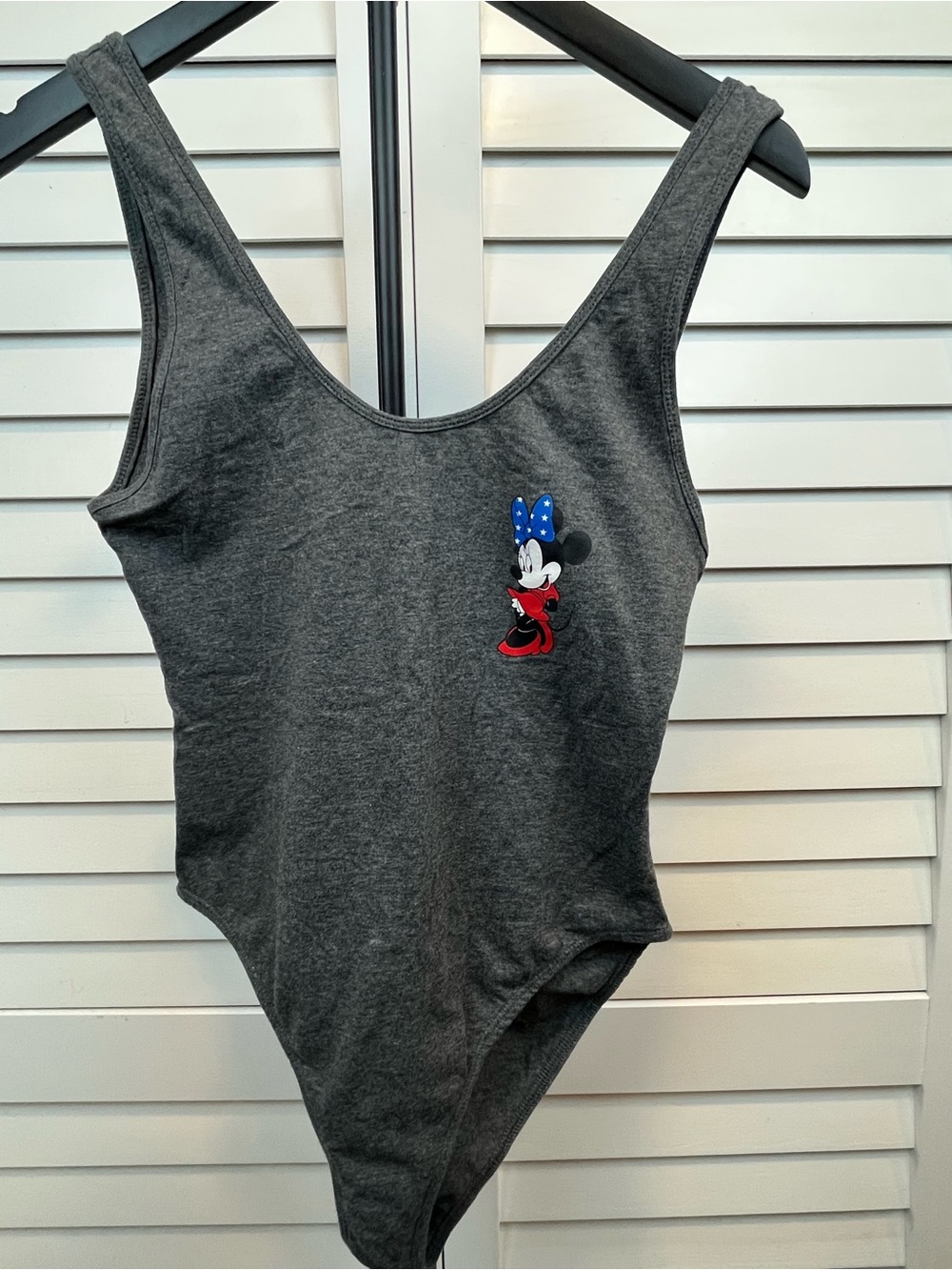 Disney Gray Minnie Mouse Bodysuit with Blue Bow and Red Shoes
